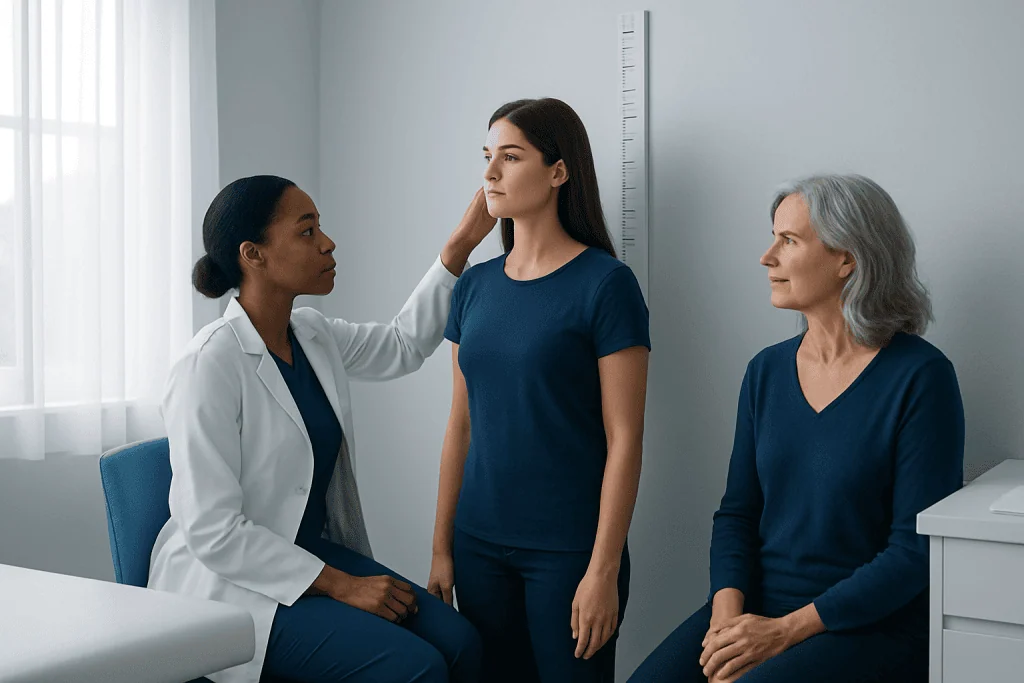 Medical consultation with a healthcare professional measuring a woman's height.