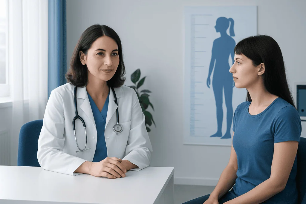 Doctor consulting with a woman patient in a medical office setting.