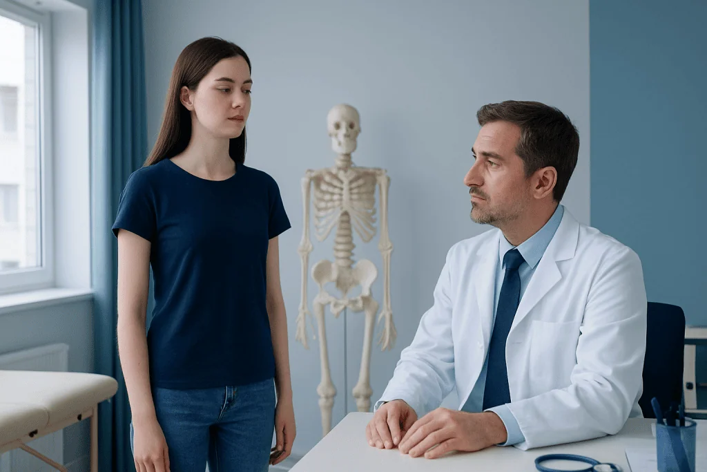 Doctor consulting with a young woman in a medical office with a skeleton model.