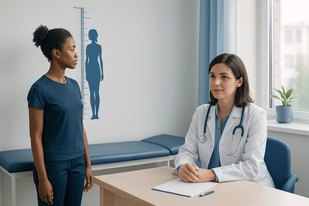 Doctor consulting with a woman patient in a medical office.