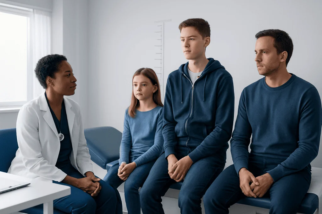 Doctor consulting with family in a medical clinic setting.