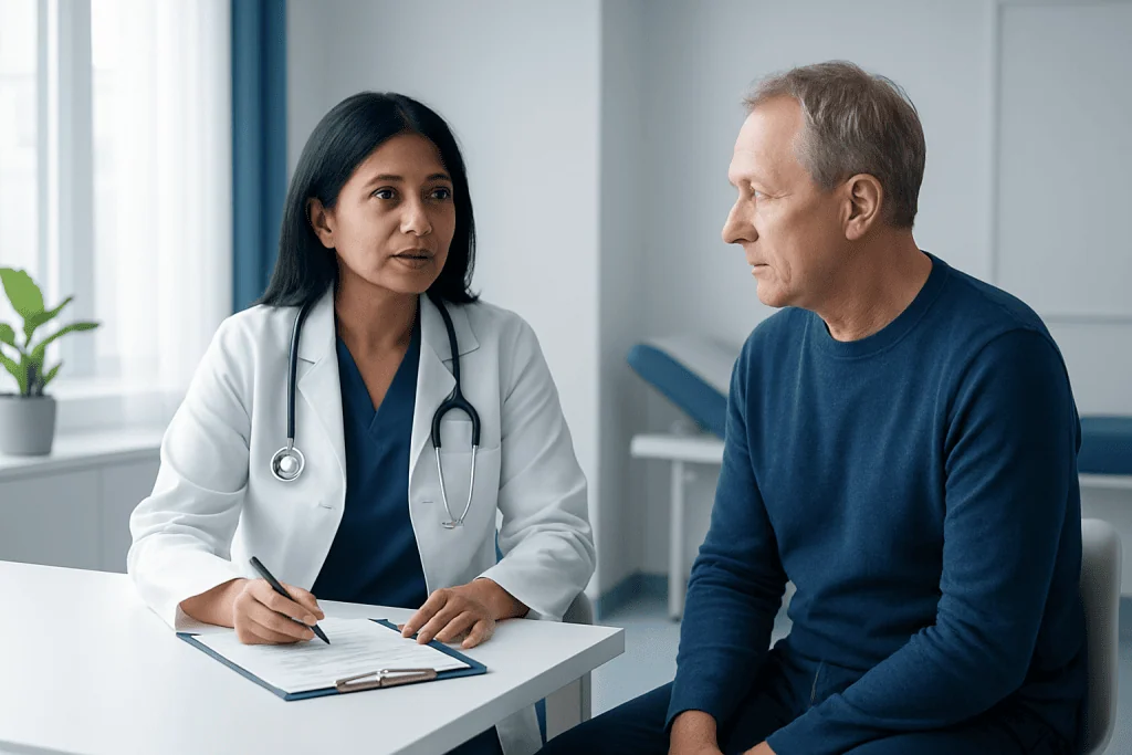 Doctor consulting with a male patient in a medical office setting.