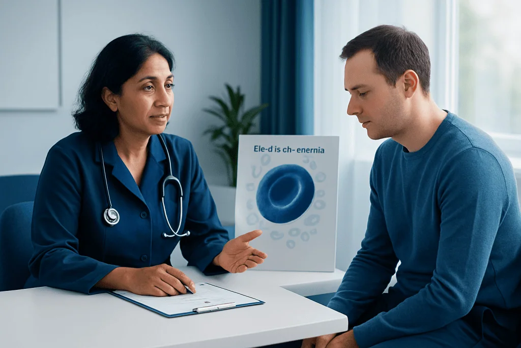 Doctor explaining hemolytic anemia to patient in a consultation room.