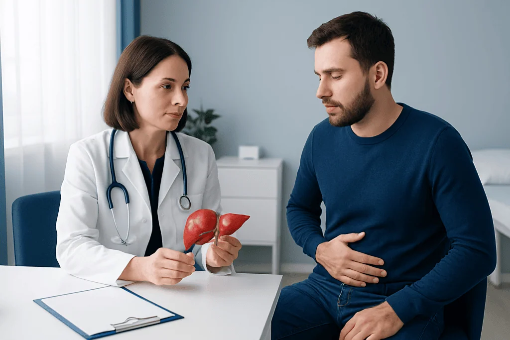 Doctor explaining liver health to a patient in a medical consultation.
