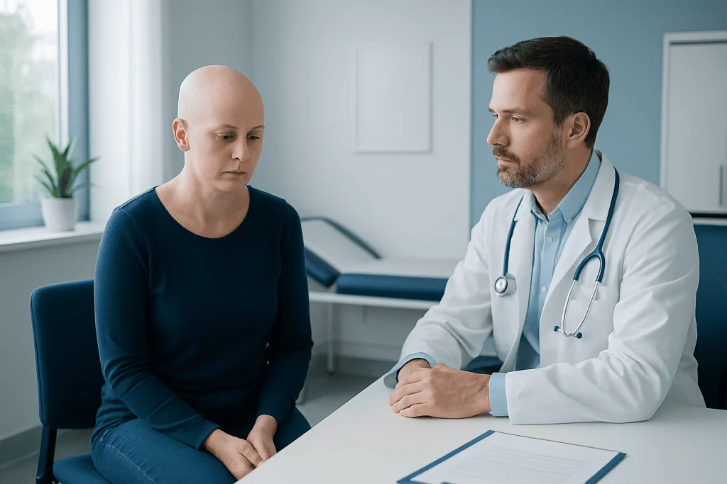 Doctor consulting with a patient about hair loss treatment options.