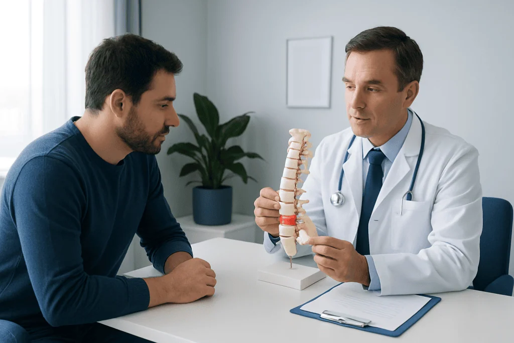Doctor explaining herniated disc to patient with spine model in clinic.