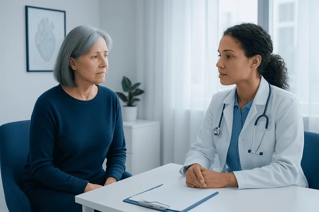 Doctor consulting with an elderly woman in a medical office.