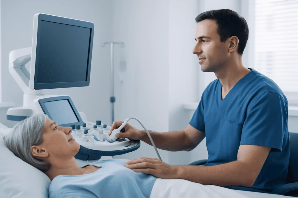 Doctor performing an ultrasound scan on a patient in a hospital room.