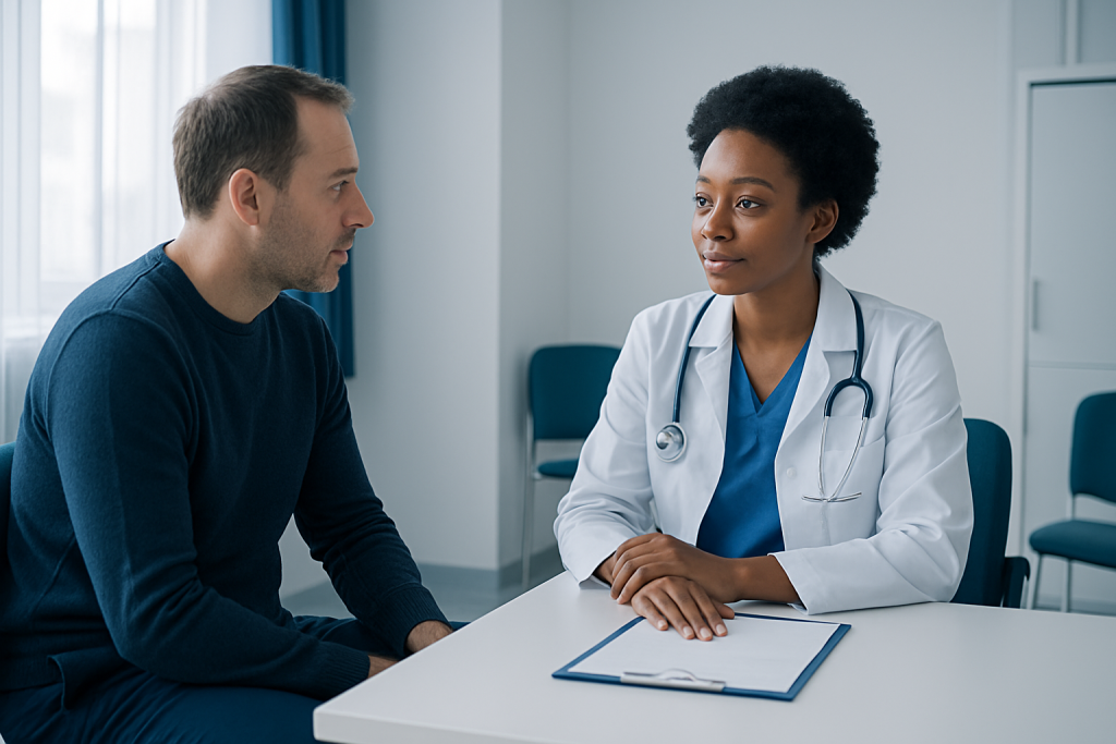 Doctor consulting with a patient in a medical office setting.