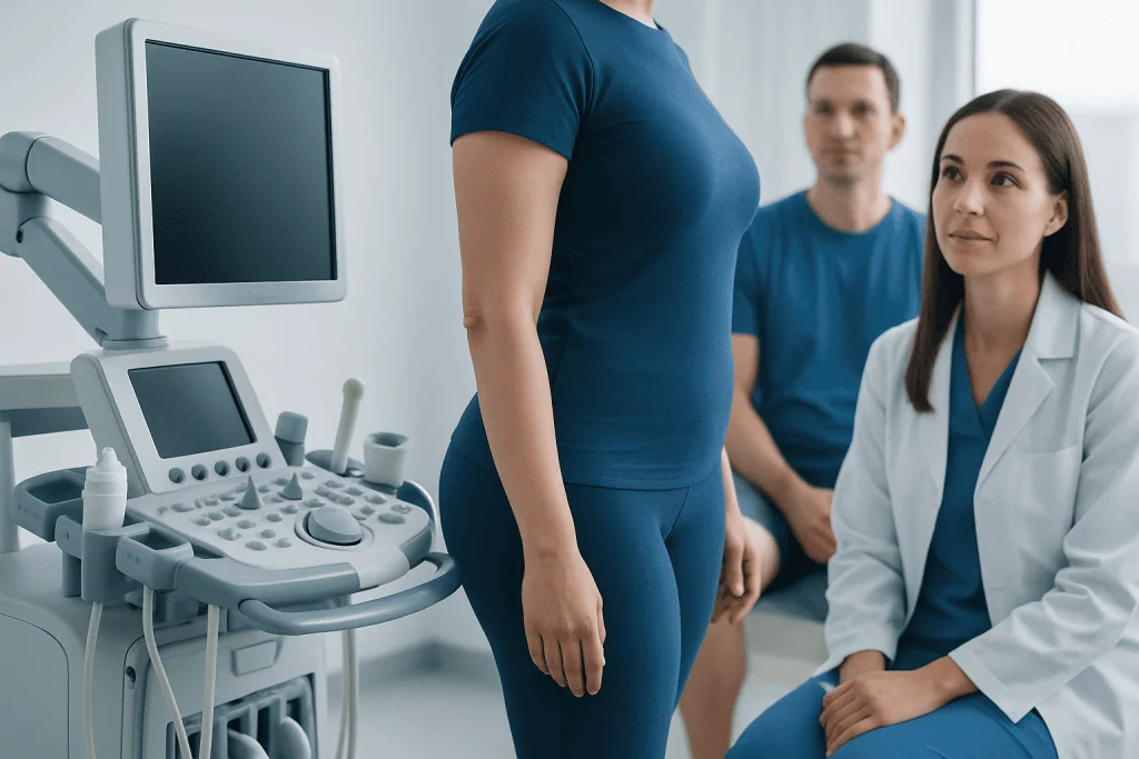 Medical consultation for hip fat reduction with ultrasound equipment in clinic.