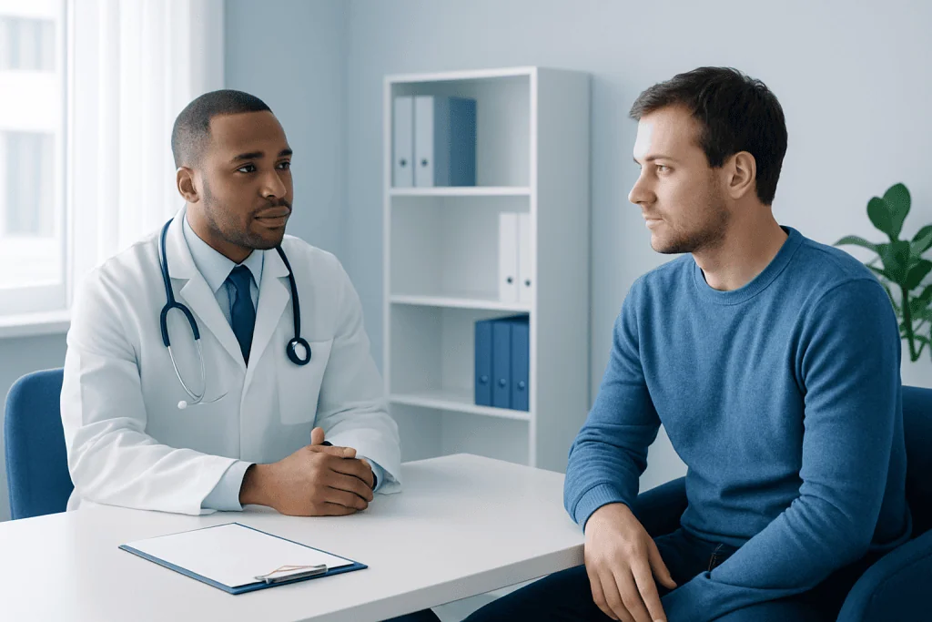 Doctor consulting with male patient in a medical office.