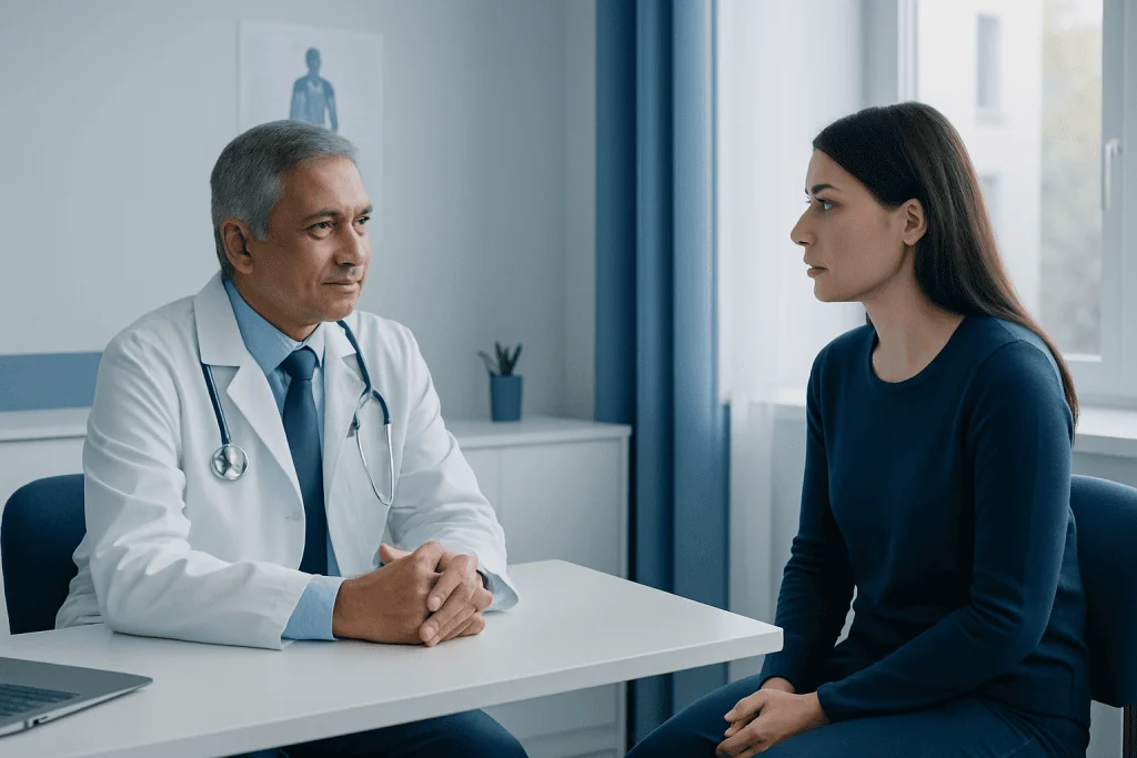 Doctor consulting with a young female patient in a medical office.