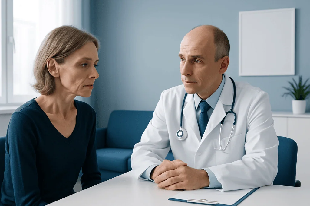 Doctor consulting with a middle-aged woman in a medical office.