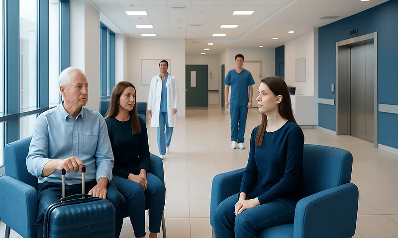 Patients waiting in a hospital lobby at Acibadem Hospitals Group.