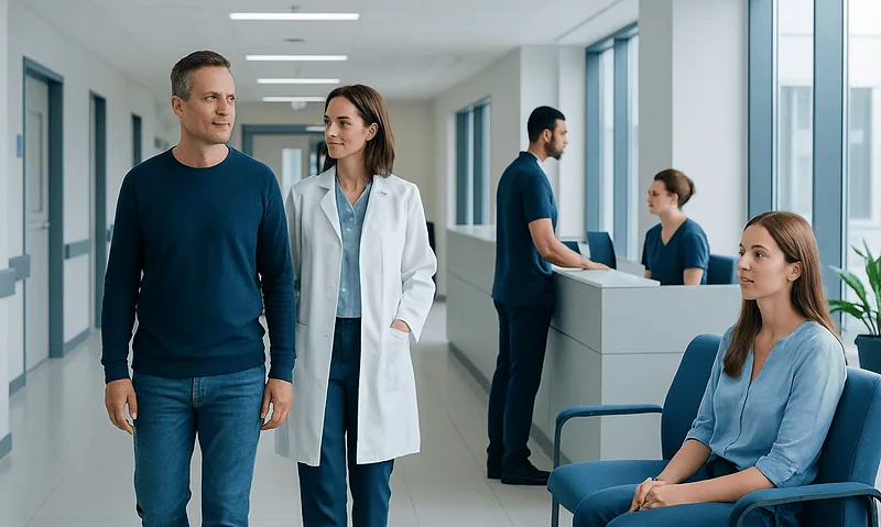 Patients and medical staff in a modern hospital corridor.