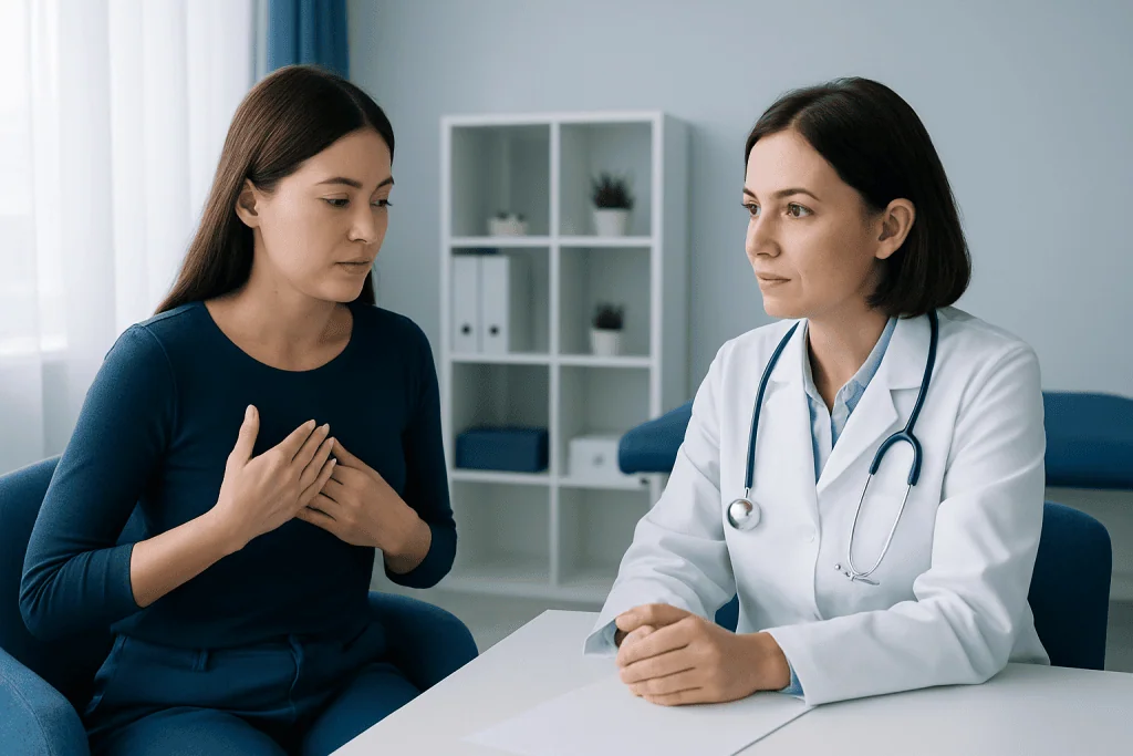 Doctor consulting with a woman about breast pain before her period.