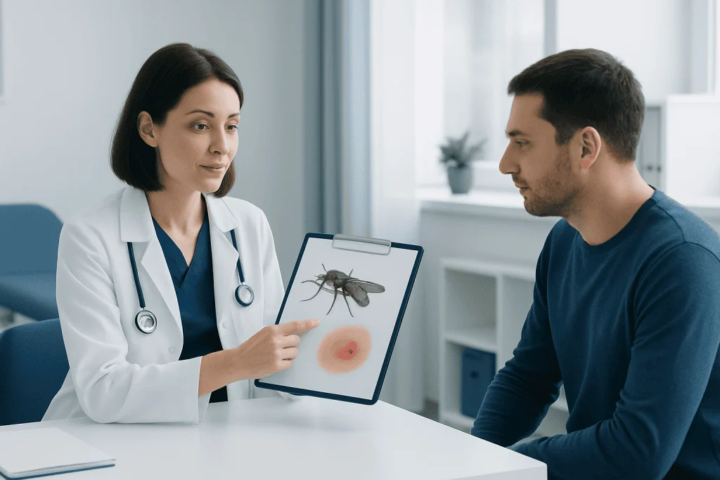 Doctor explains horsefly bite to patient in a medical consultation.