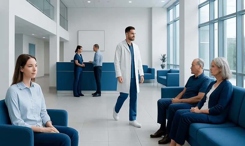 Hospital waiting area with medical staff and patients at Acibadem Hospitals Group.