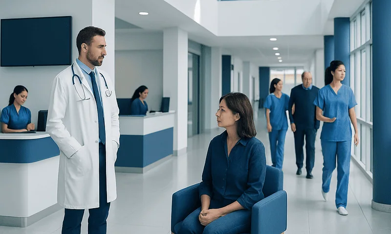 Hospital staff and doctor discussing patient care in a modern hospital corridor.