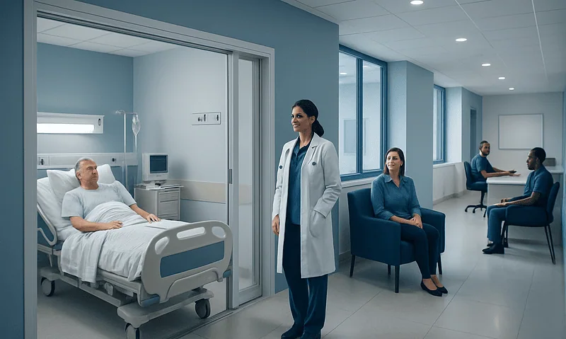Modern hospital ward with patient and medical staff in a clean, well-lit environment.
