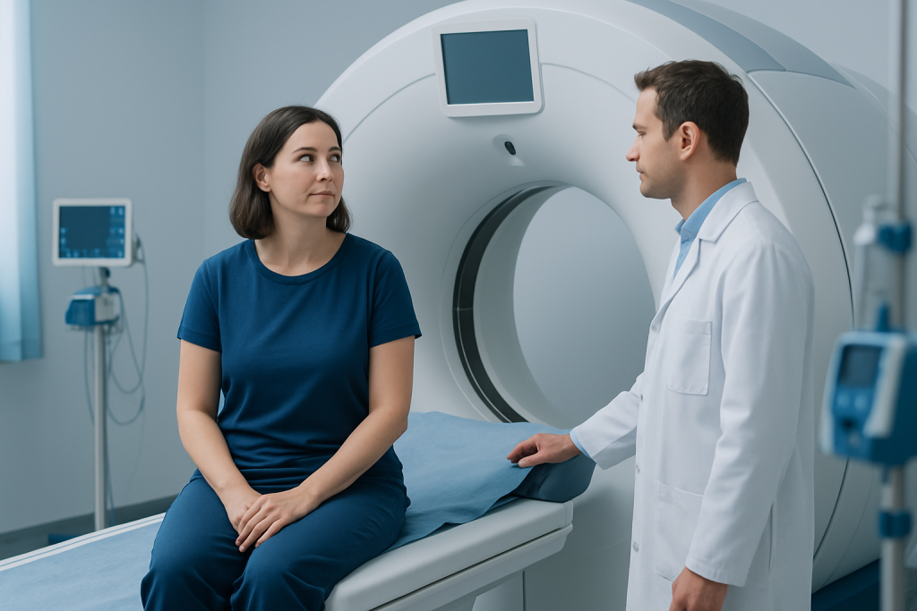 Patient and doctor in MRI scan room at Acibadem Hospital.