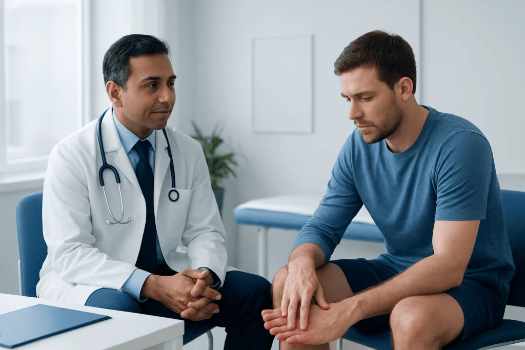 Doctor consulting with patient about foot pain in a medical office.
