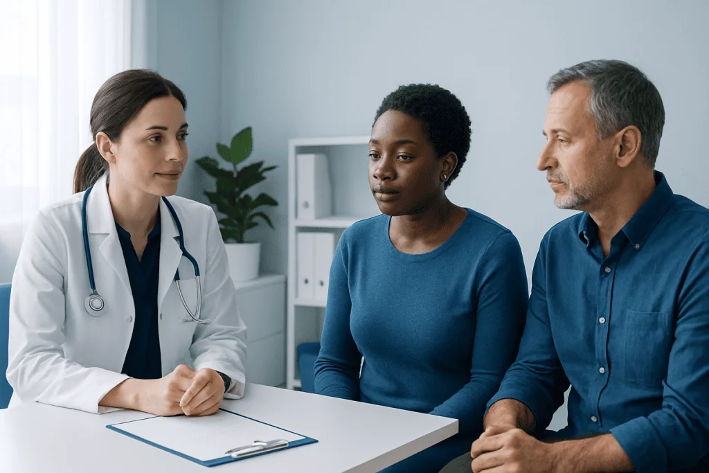 Doctor consulting with a patient and her partner in a medical office.