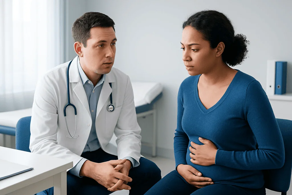Doctor consulting a woman with stomach pain in a medical office.