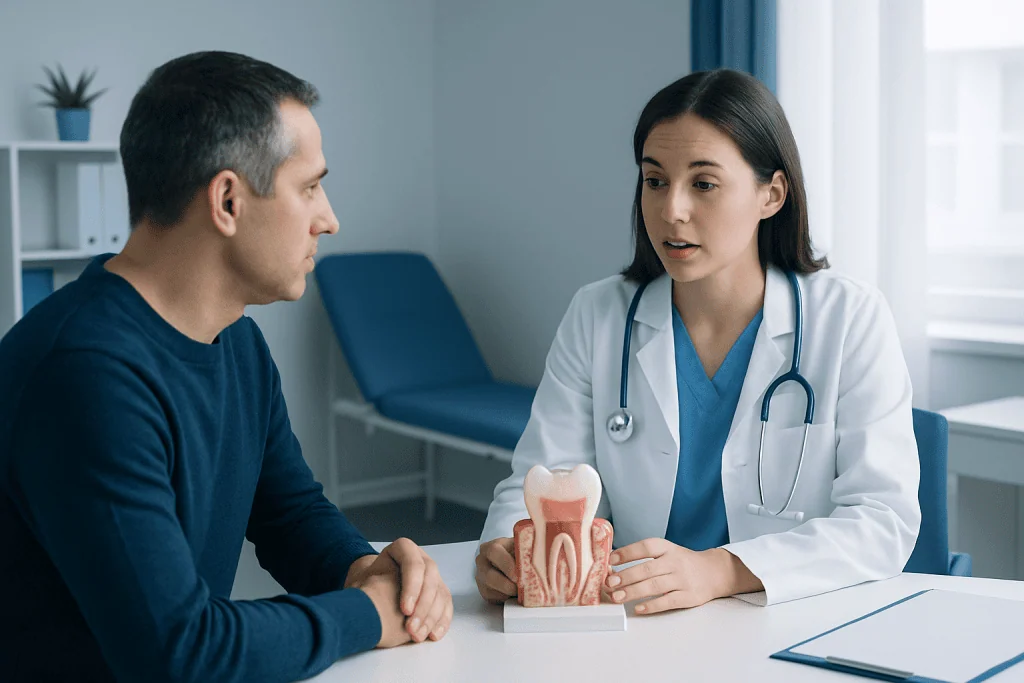 Dentist explaining gum health to patient with dental model in clinic.