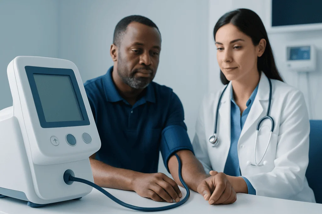Doctor measuring blood pressure of a patient in a medical clinic.