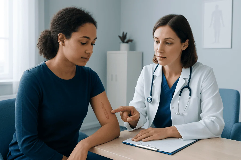 Doctor examining a patient's scar in a medical consultation room.