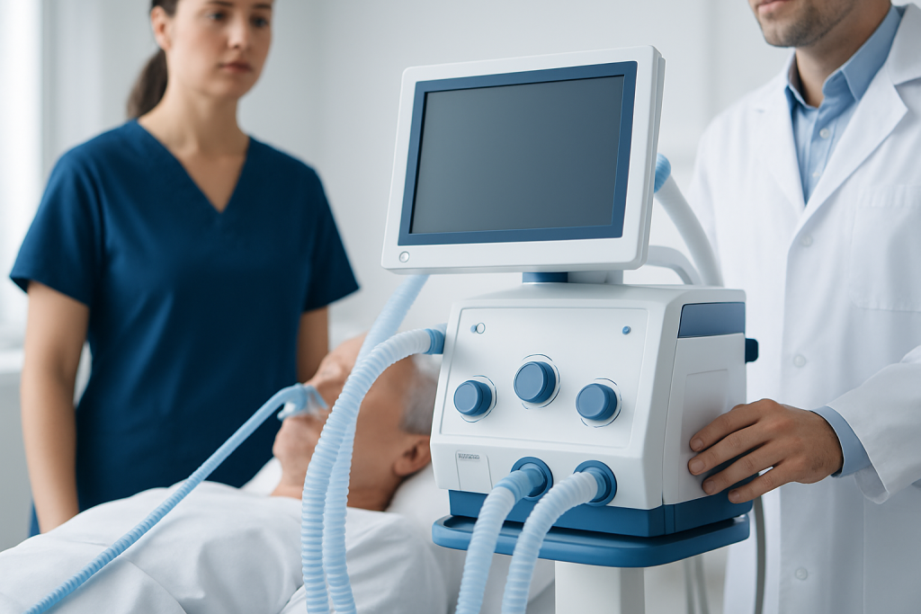 Medical professional operating ventilator in hospital room.