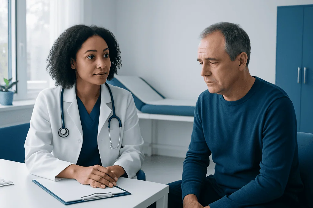 Doctor consulting with male patient in a medical office.
