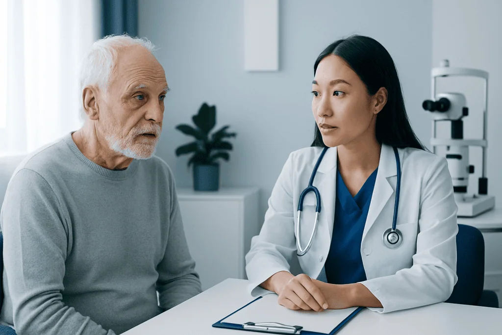 Doctor consulting with elderly male patient in a medical office.