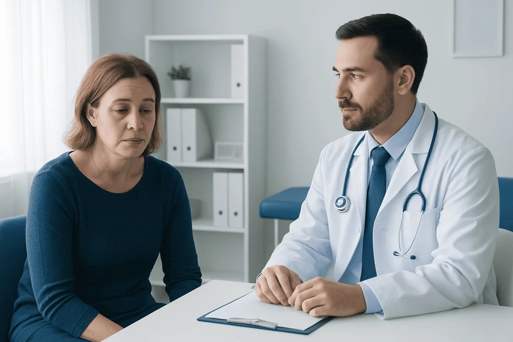Doctor consulting with a female patient in a medical office setting.