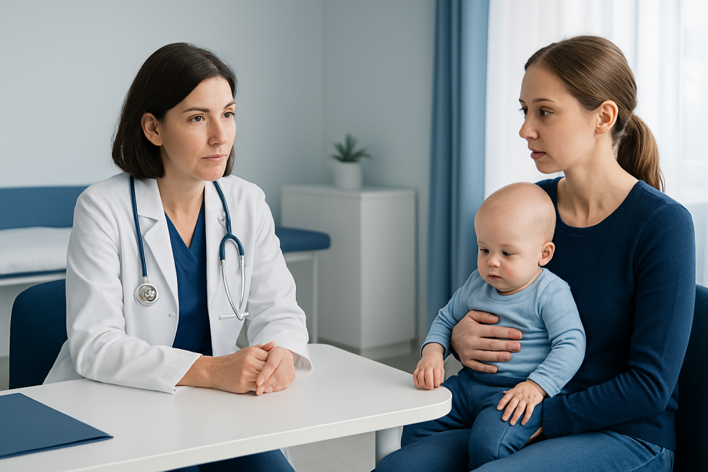 Doctor consulting with mother and baby in a hospital setting.