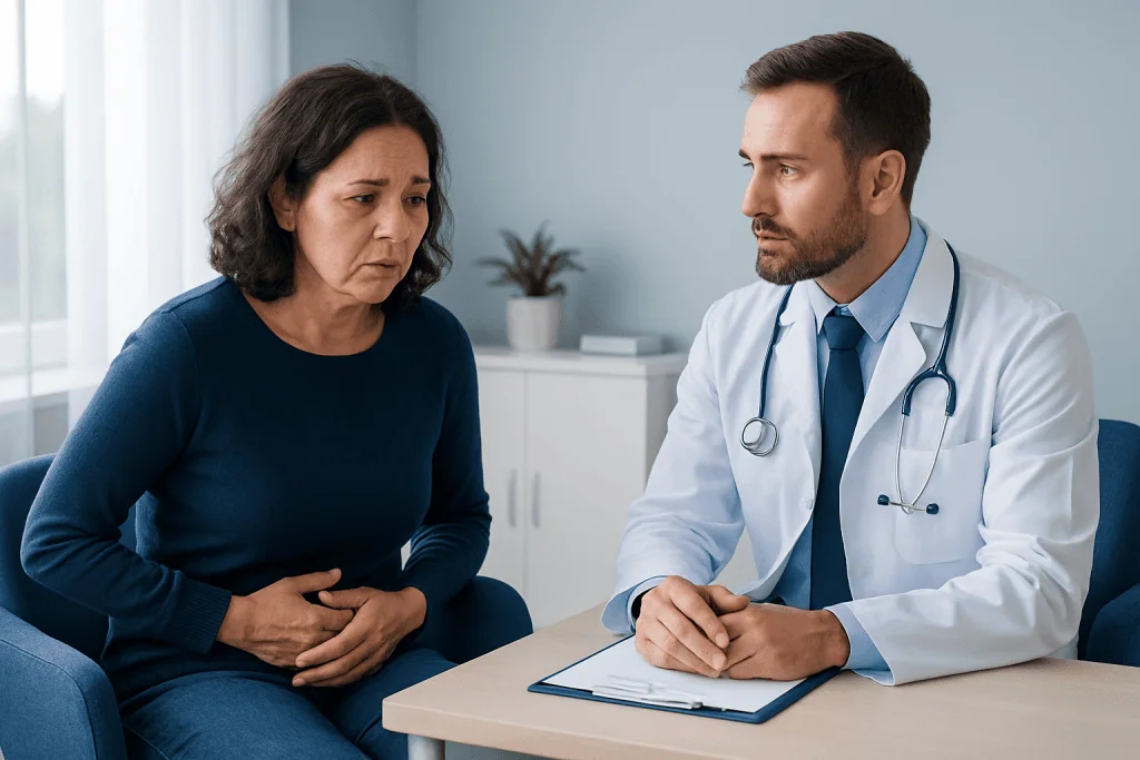 Doctor consulting with a woman patient about digestive health issues.