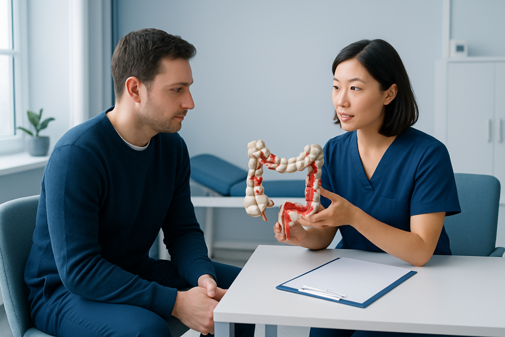 Doctor explaining colon health to a patient with a model of the colon.