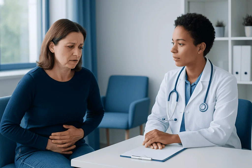 Doctor consulting with a woman patient about digestive health issues.