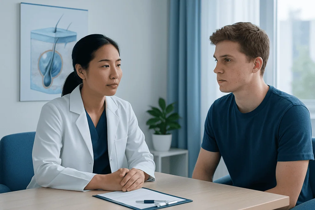 Doctor consulting with a young male patient in a medical office.