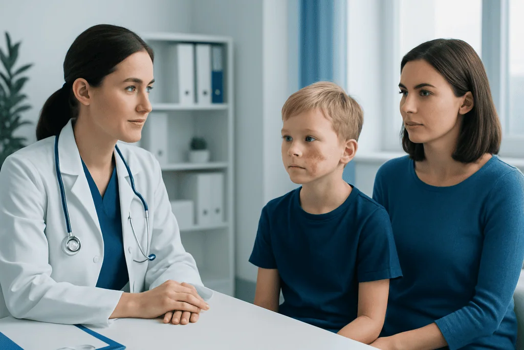 Doctor consulting with a mother and her son in a medical office.