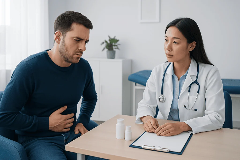 Doctor consulting patient with stomach pain in a medical office.