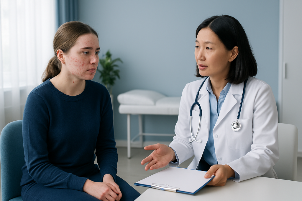 Doctor consulting with a young woman patient about acne treatment.