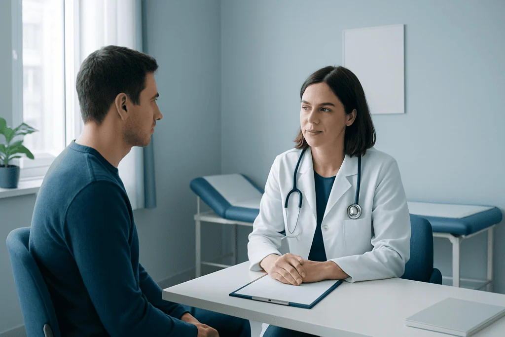 Doctor consulting with a patient in a medical office setting.