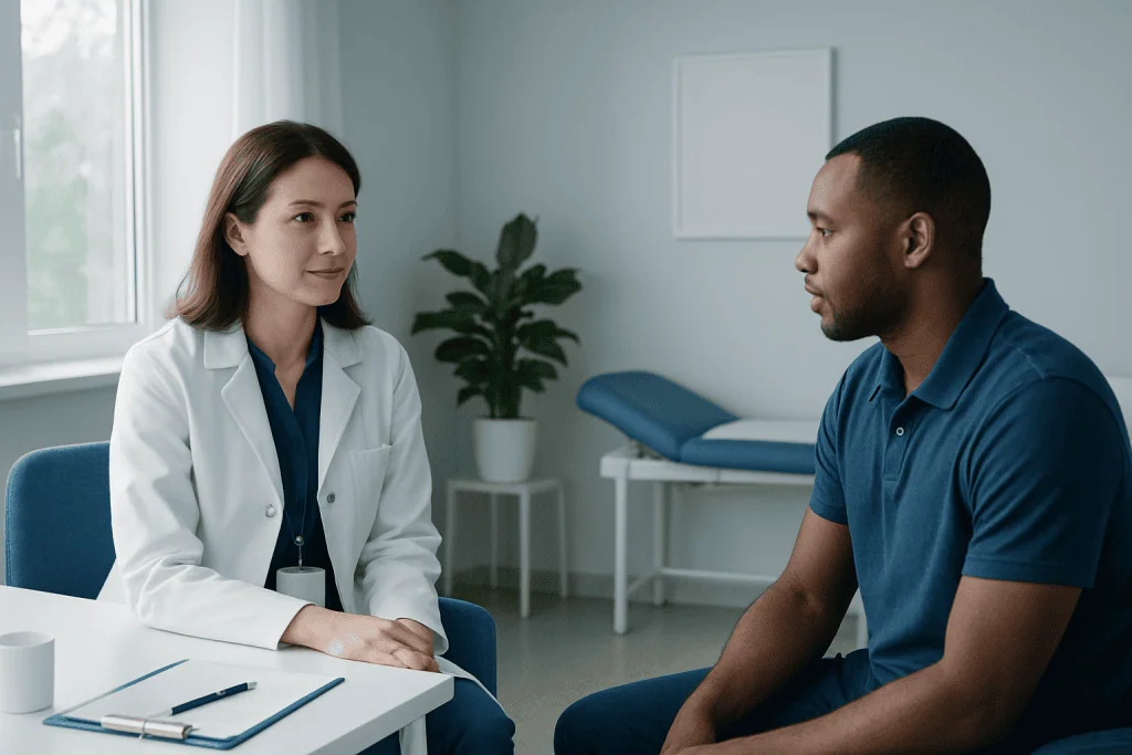 Doctor consulting with patient in a medical office setting.
