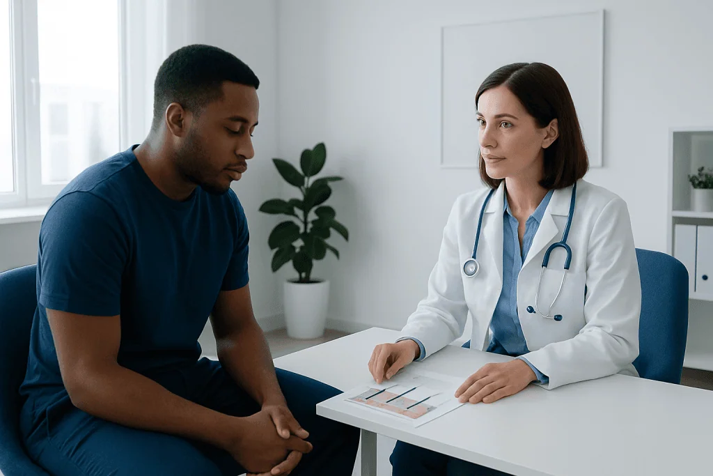 Doctor consulting with patient about skin issues in a clinic setting.