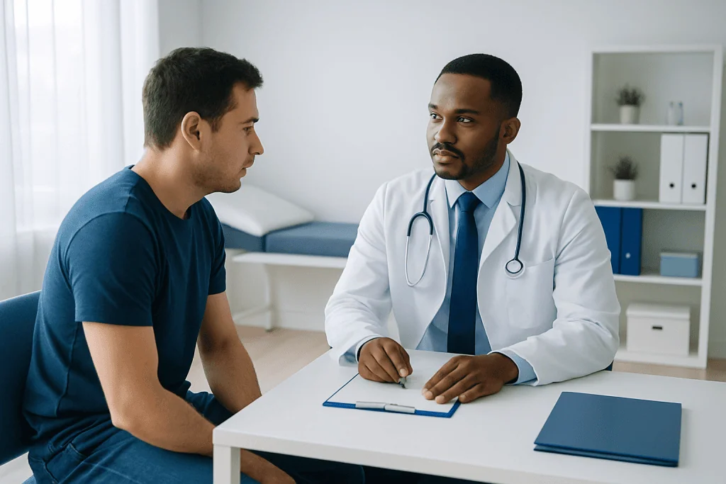 Doctor consulting a patient about ingrown hair issues in a clinical setting.