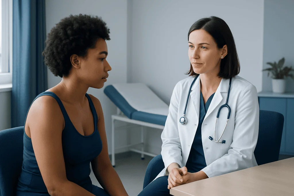 Doctor consulting with a patient in a medical office setting.