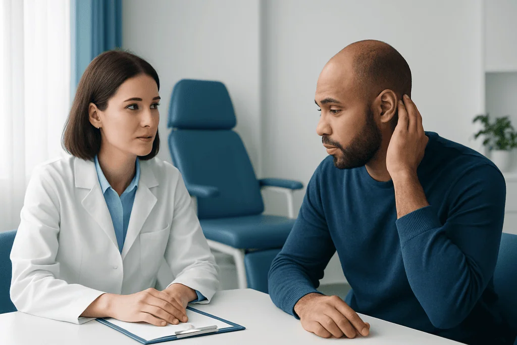 Doctor consulting with patient about scalp issues in a medical office.