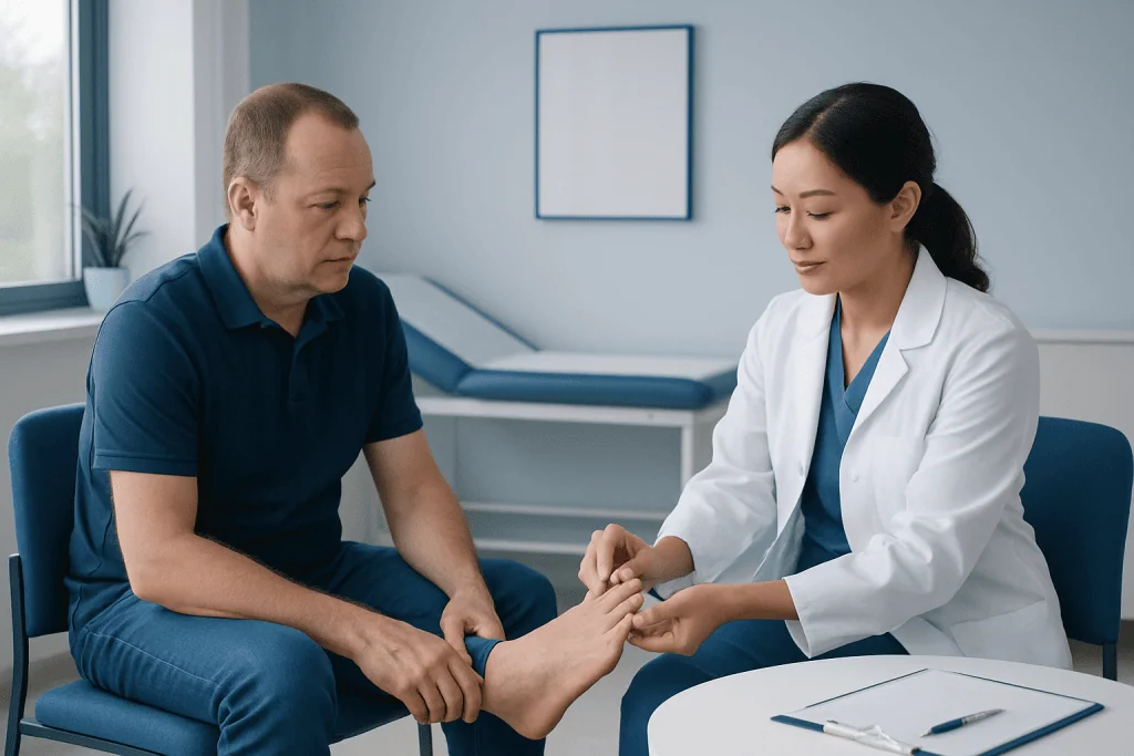 Doctor examining patient's toe for ingrown toenail symptoms.